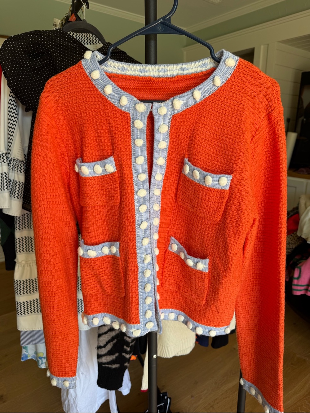 Women's Orange Knit Cardigan with Contrast Trim